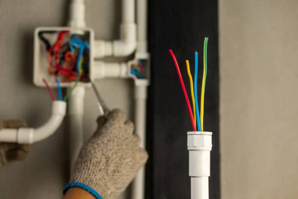 Profissional realizando instalação elétrica em conduíte