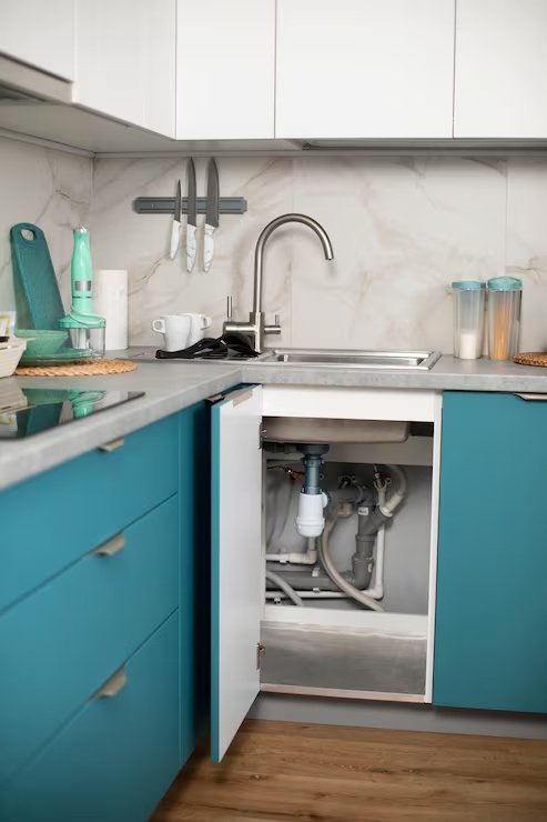 Cozinha com hidráulica organizada embaixo da pia